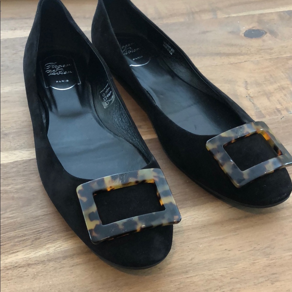 Roger Vivier Black Suede Flats with Tortoise Buckle